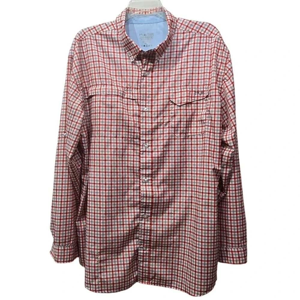 Huk Mens XXXL Red Plaid Long Sleeve Vented Fishing Shirt H1500040 Performance